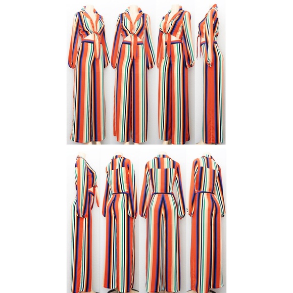 Striped Tie Front Top Wide Leg High Waist Pant Set - Picture 7 of 8